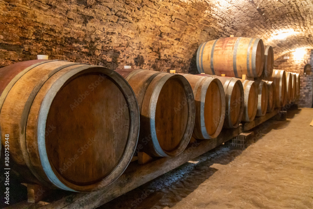 wine cellar with wooden barrels in Hajos, Southern Transdanubia,Hungary wine cellar with wooden barrels in Hajos, Southern Transdanubia,Hungary