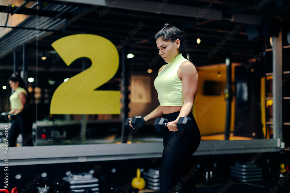 Full body of powerful muscular female athlete in sportswear doing exercise with dumbbells while training in modern gym Full body of powerful muscular female athlete in sportswear doing exercise with dumbbells while training in modern gym