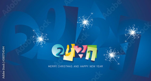 Happy New Year 2021 abstract design negative space numbers sparkle firework colorful blue background