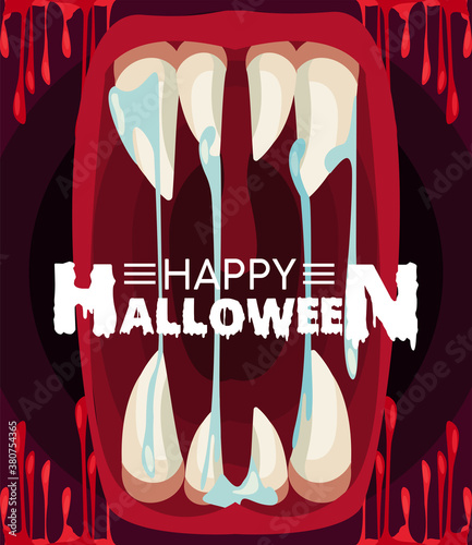 happy halloween horror celebration poster with monster mouth and lettering