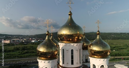 Newest cathedral church in Magadan, Russia. sunset. photo