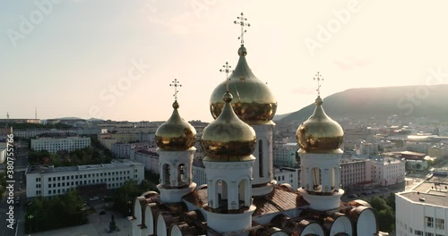 Newest cathedral church in Magadan, Russia. sunset.
