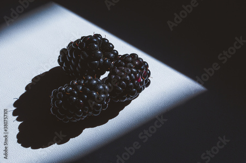 Cutted Fresh blackberry with shadows on dark and white background. contrast shadow fruitf lat lay, top view. Copy space