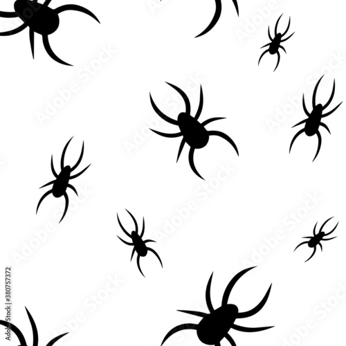 Halloween seamless pattern with black spiders isolated on white background. Arachnids invertebrates ornament for wrapping paper, postcards, fabric, print. Vector illustration. Greeting card concept © NataStro