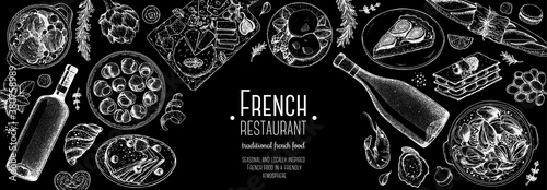French food top view, Hand drawn. Classic French dishes. Food menu design template. Hand drawn sketch vector illustration. Cheese, wine, bakery, gourmet food.