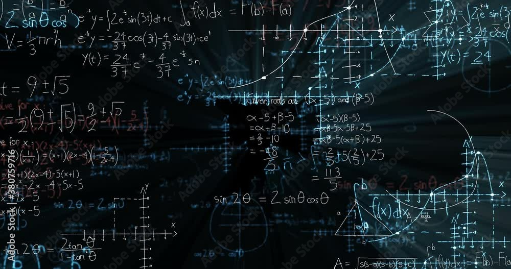 Mathematical equations and diagrams floating against black background Mathematical equations and diagrams floating against black background