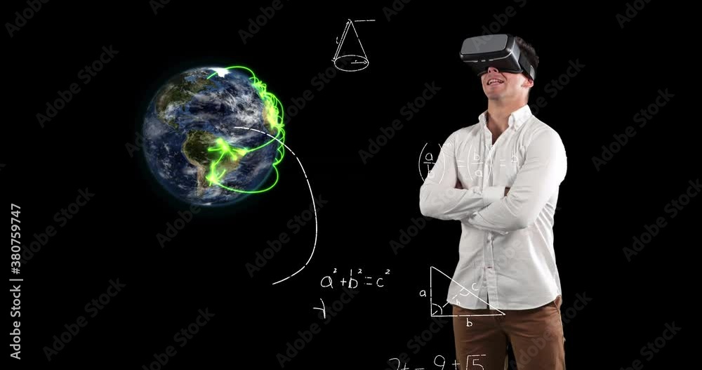 Mathematical equations floating against spinning globe and man using VR headset Mathematical equations floating against spinning globe and man using VR headset