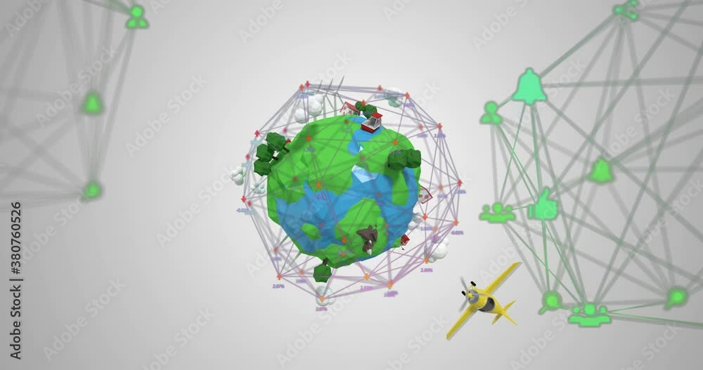 Network of connection icons against globe with growing trees and plane flying