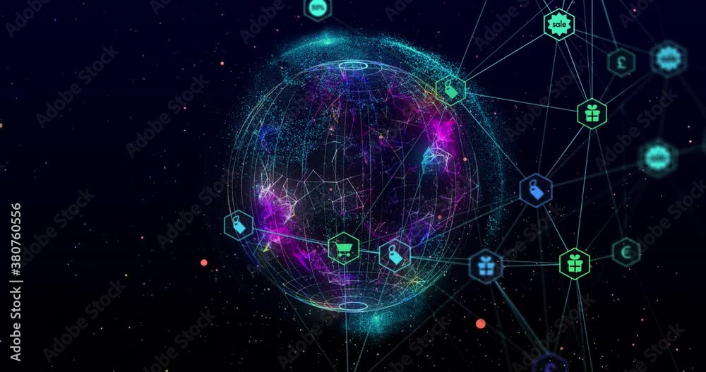 Network of connection icons against globe spinning on black background Network of connection icons against globe spinning on black background