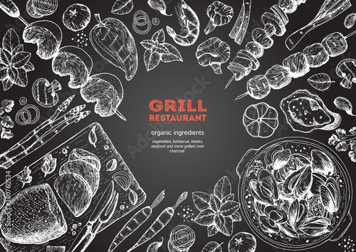 Grilled meat and vegetables top view frame. Vector illustration. Engraved design. Hand drawn illustration. Grill restaurant menu design template.