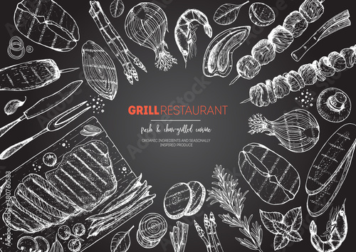 Grilled meat and vegetables top view frame. Vector illustration. Engraved design. Hand drawn illustration. Grill restaurant menu design template.