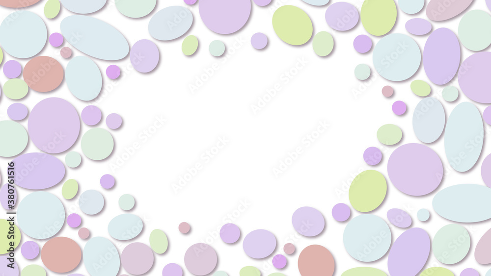 Multicolored circles and ovals on a white background, copy space in the center of the picture. Pastel colors, abstract horizontal background, illustration. Multicolored circles and ovals on a white background, copy space in the center of the picture. Pastel colors, abstract horizontal background, illustration.