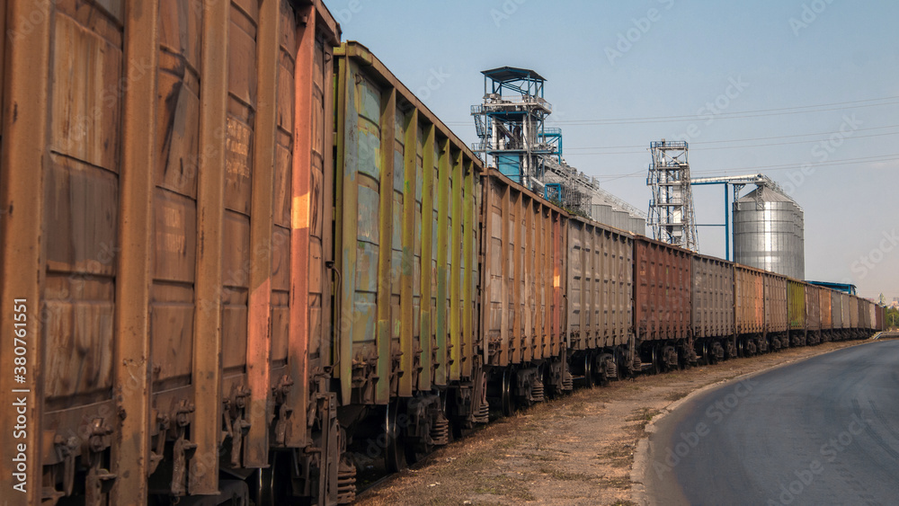 Many freight cars of the train stand next to large silos.