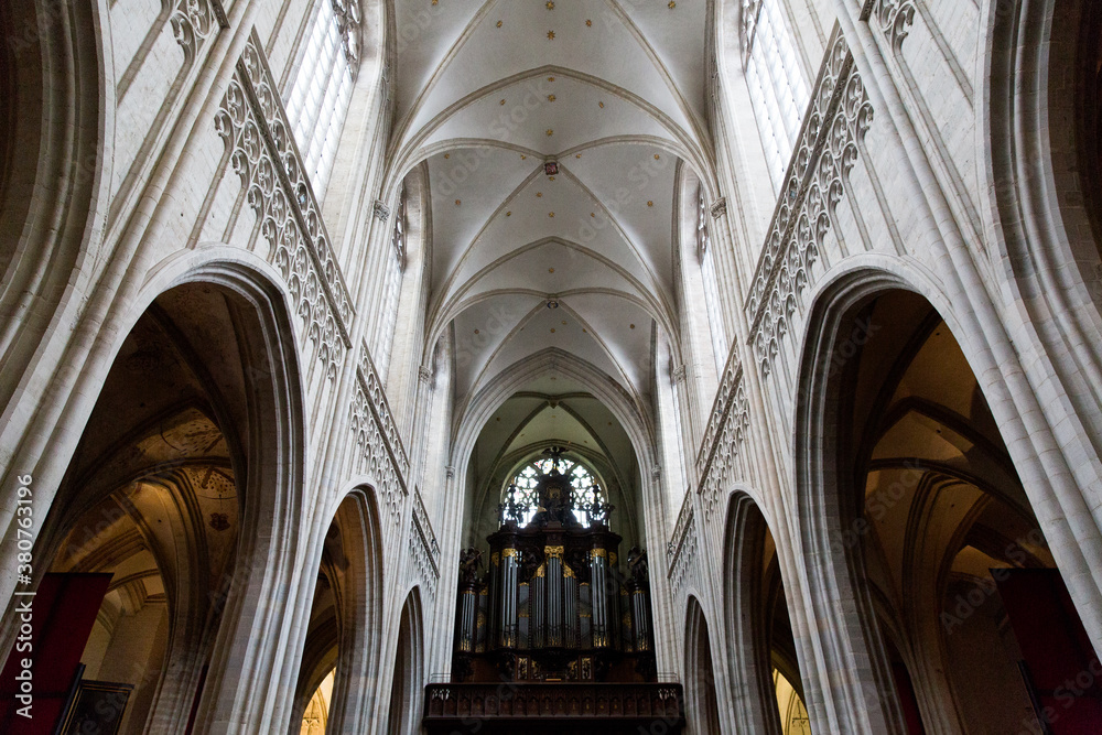 ANTWERP, BELGIUM - October 2, 2019:  Interiors, paintings, stained glass and details of Notre dame d'Anvers cathedral in Antwerp, Flemish region, Belgium