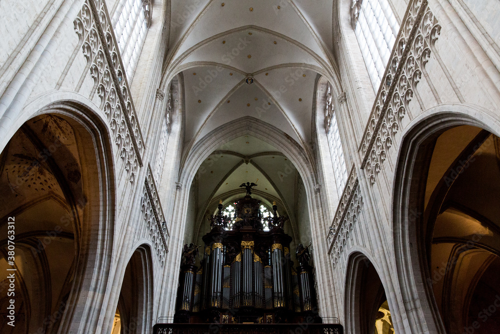 ANTWERP, BELGIUM - October 2, 2019:  Interiors, paintings, stained glass and details of Notre dame d'Anvers cathedral in Antwerp, Flemish region, Belgium