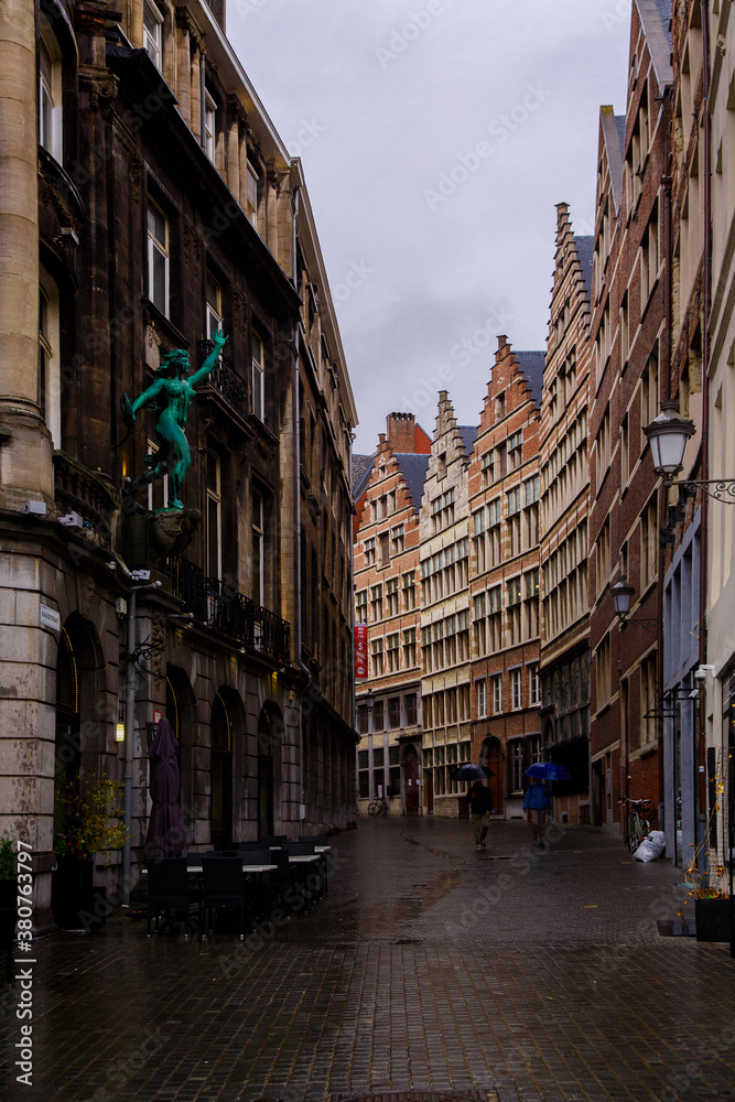 ANTWERP, BELGIUM - October 2, 2019: Old historic buildings on the streets of Antwerp, Flemish region, Belgium