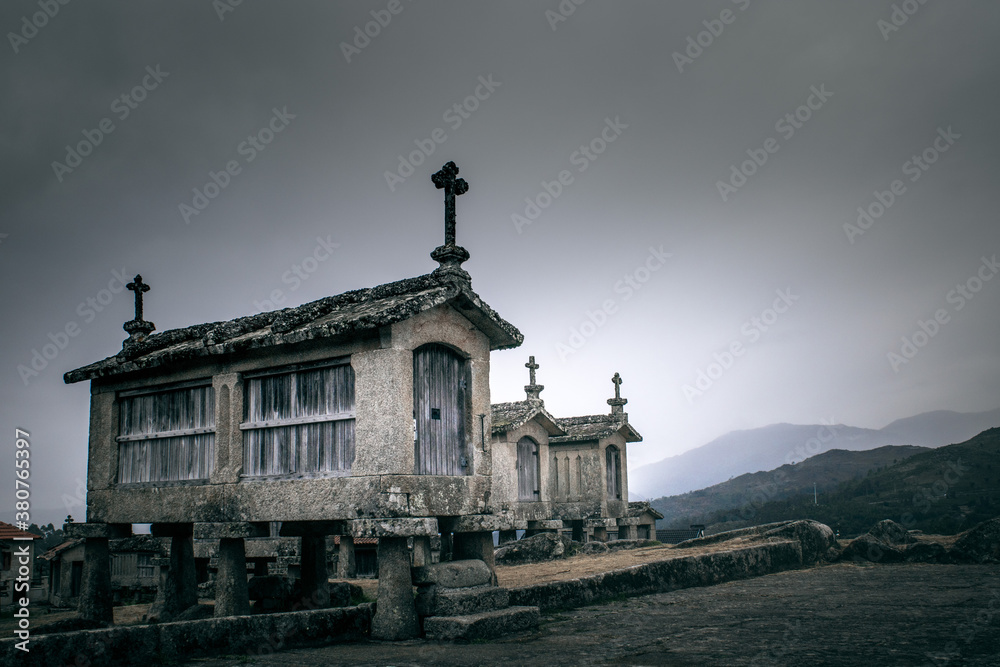 Fototapeta premium Staddle granaries “espigueiros” of Lindoso, Portugal.