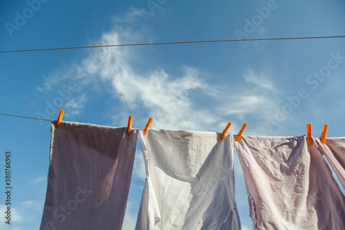 Drying laundry on the clothesline photo