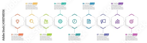 Minimal Business Infographics template. Timeline with 9 steps, options and marketing icons .Vector linear infographic with nine conected elements. Can be use for presentation.