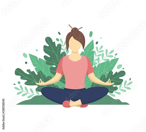 Girl in lotus position meditates vector illustration. Relaxation
