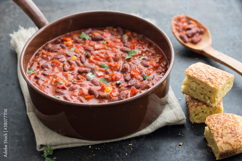 Food: Chili sin carne, vegetarian stew with beans and corn bread