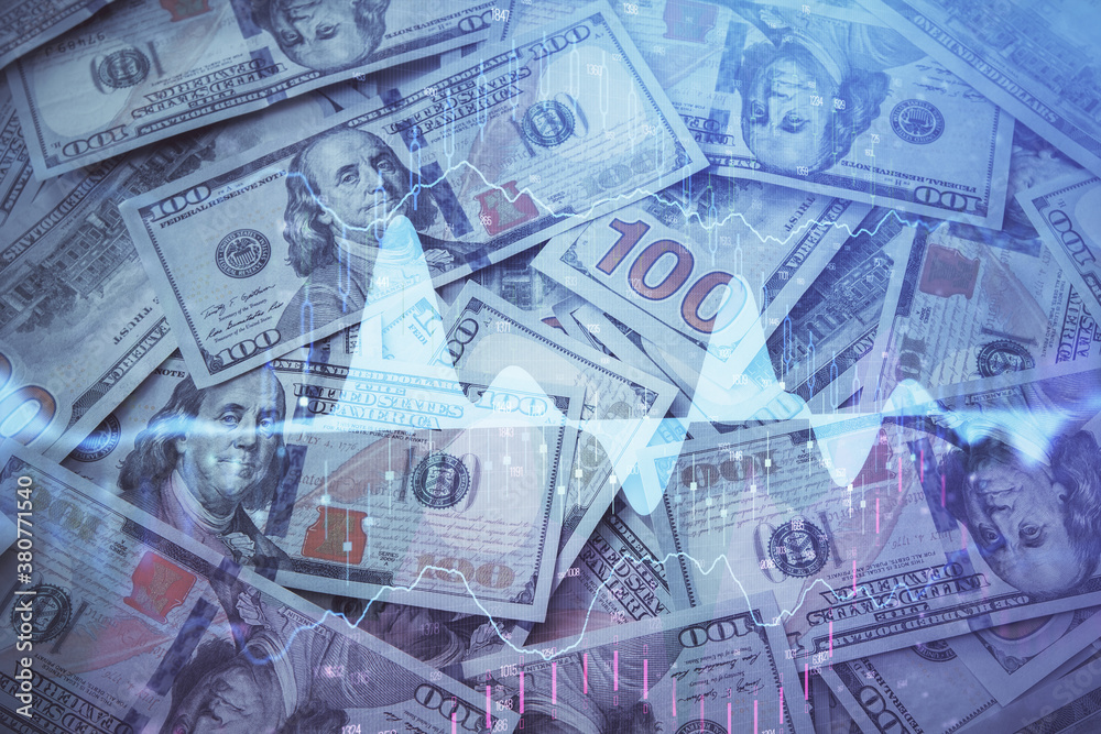 Double exposure of forex graph drawing over us dollars bill background. Concept of financial markets.