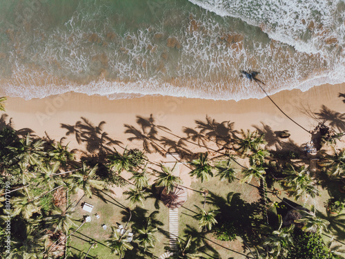 Aerial drone view of the paradise beach with yellow sand  palm trees  big waves and blue water of Atlantic Ocean  Las Terrenas  Samana  Dominican Republic