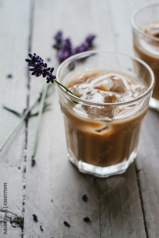 Iced cafe latte with honey lavender syrup.