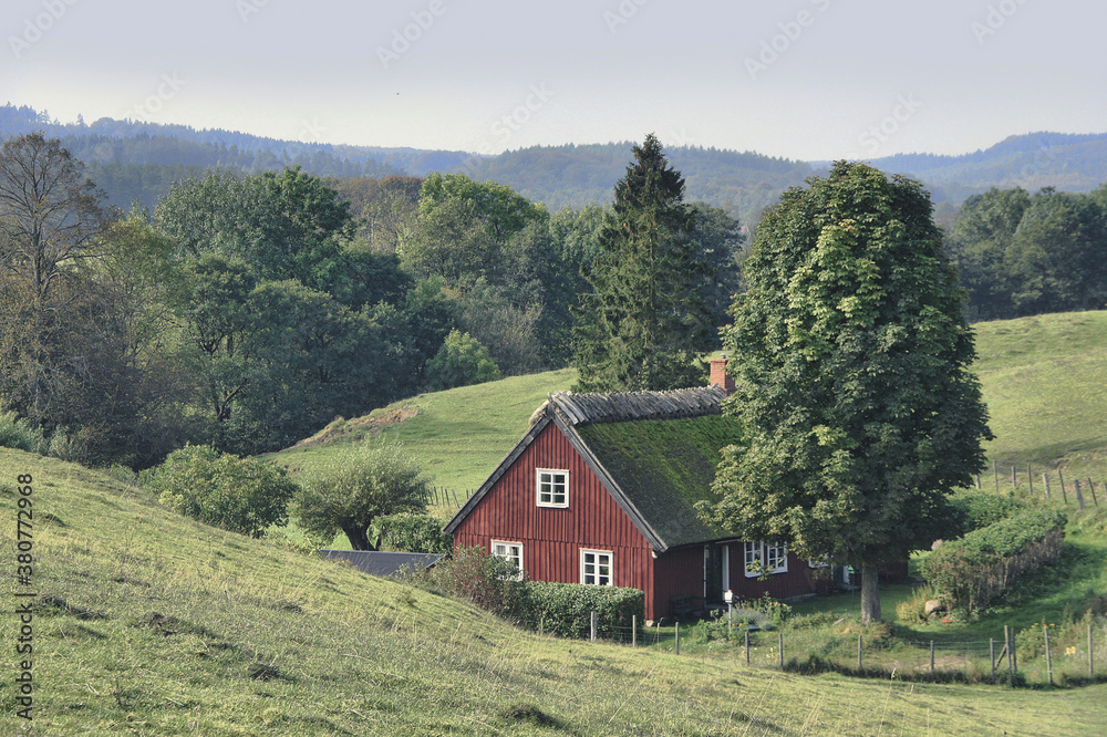 Typical old Swedish wood house, painted red and white, in beautiful landscape Typical old Swedish wood house, painted red and white, in beautiful landscape