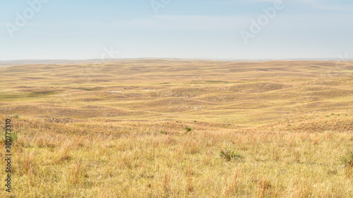 midday view of Nebraska Sandhills between Arthur and Whitman, early fall scenery with haze from Colorado wildfires