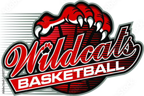 wildcats basketball team design in script with large claw holding ball for school, college or league