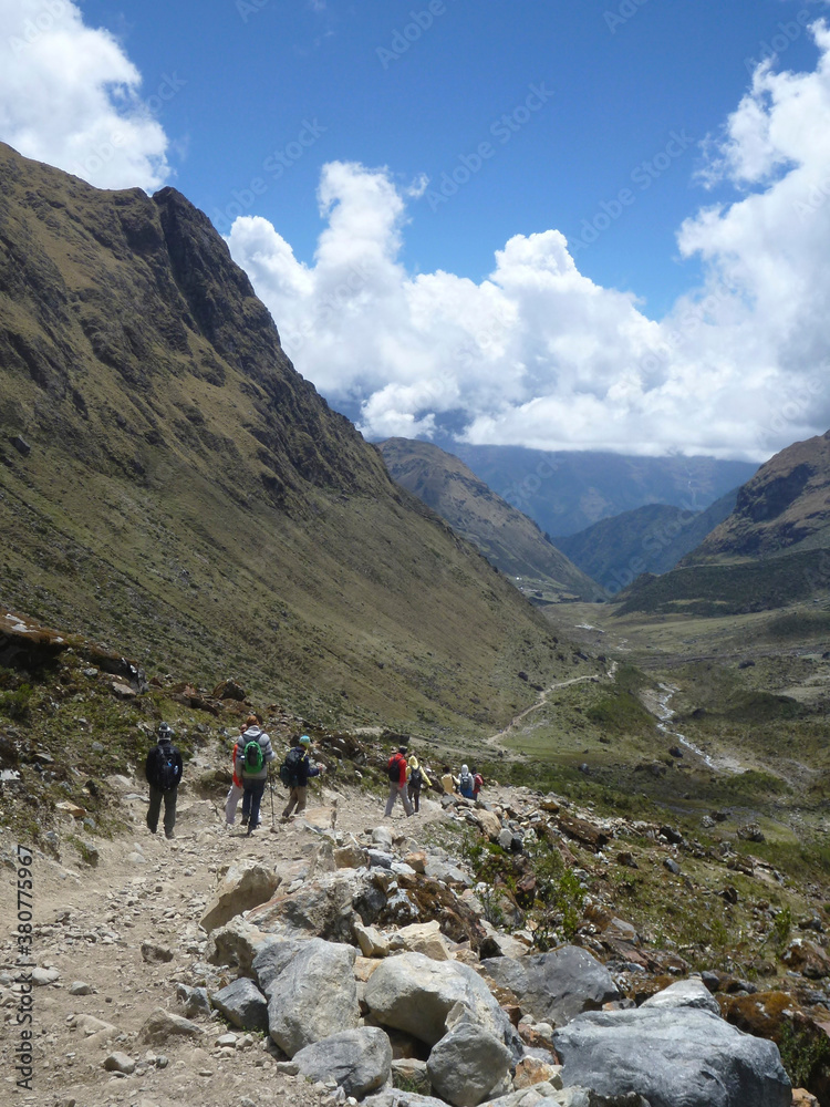 Hikers on the Salkantay trek in the Andes mountains of Peru