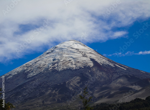 Peak of Osorno Volcano with snow, ice and crevasses
