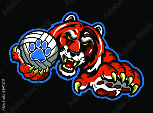 tiger volleyball team mascot holding ball for school, college or league