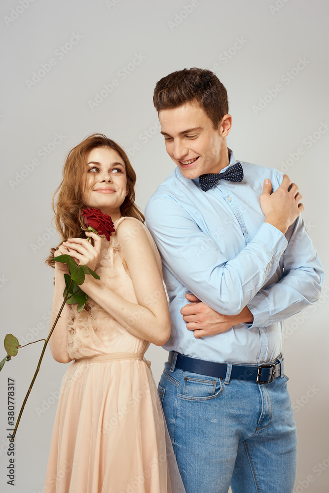 beautiful couple relationship rose gift as romance hug light background beautiful couple relationship rose gift as romance hug light background
