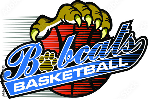 bobcats basketball team design in script with large claw holding ball for school, college or league