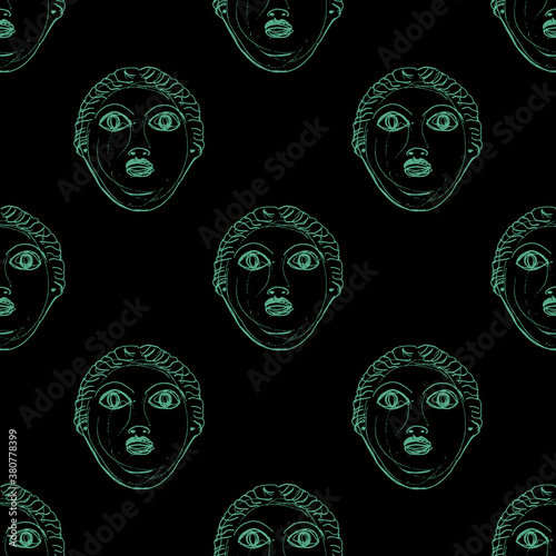 Seamless pattern with ancient Greek female masks. Hand drawn sketches.