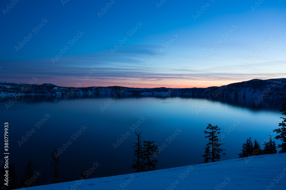 Crater Lake just before sunrise, Crater Lake National Park in winter, Oregon.