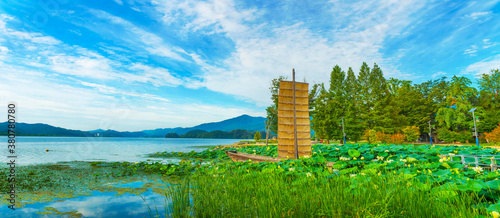 Summer view of Dumulmeori(Yangsu-ri) near Yangpyeong-gun, South Korea. Dumulmeori is the place where the North and South Han Rivers join