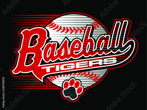 tigers baseball team design in script with paw print for school, college or league