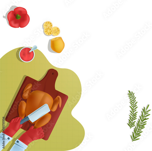 Vector illustration template for design of landing page, banner, etc. in concept cooking, recipes, restaurant business. It shows elements chicken cooking process against background vegetables, spices.