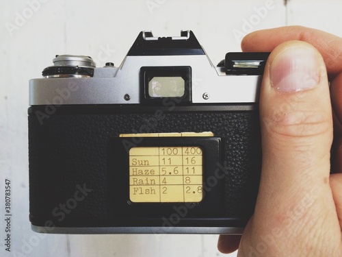 Hand holding an old vintage film camera with a white background