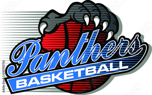 panthers basketball team design in script with large claw holding ball for school, college or league