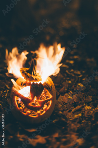Burning carved pumpkin