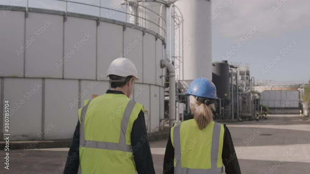 Rear view on two industrial workers walking on industrial plant wearing protective workwear Rear view on two industrial workers walking on industrial plant wearing protective workwear