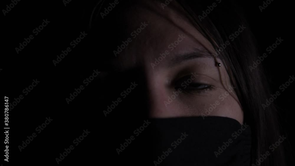 young woman mask, black background, copy space, social media, mental health campaign, depression, concept emotions, female advertising, quarantine, confinement, covid 19,anxiety young woman mask, black background, copy space, social media, mental health campaign, depression, concept emotions, female advertising, quarantine, confinement, covid 19,anxiety