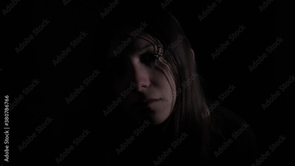 Medium shot young woman, black background, copy space, social media, mental health campaign, depression, concept emotions, female advertising Medium shot young woman, black background, copy space, social media, mental health campaign, depression, concept emotions, female advertising