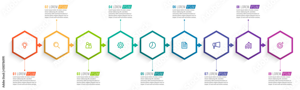 Minimal Business Infographics template. Timeline with 9 steps, options ...