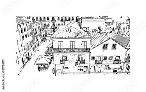 Building view with landmark of Belem is a Brazilian city with 2,491,052 people residing in its Metropolitan Region. Hand drawn sketch illustration in vector.