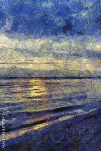 Beach landscape in the evening Illustrations creates ant style impressionis of painting. photo